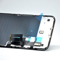 For Apple iPhone 11 LCD OEM Screen Replacement Bottom of housing showing screw locations, rear plate and OEM ICs and OEM FPC connectors 